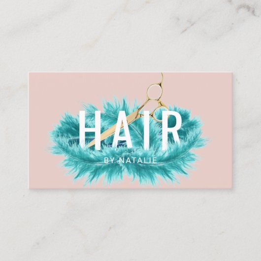 美容師ティール（緑がかった色）羽根金ゴールドシザー赤面サロン 名刺 (正面)