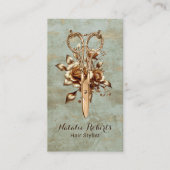 美容師ティール（緑がかった色）金ゴールドシザーフラワーサロンスパ 名刺 (正面)