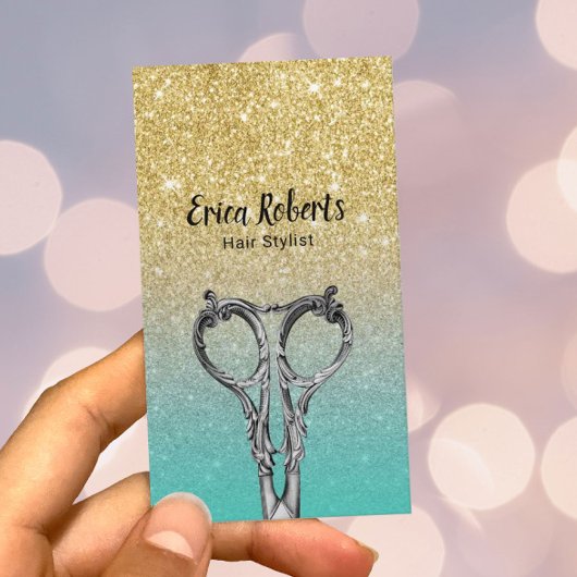 美容師トレンディー金ゴールドとターコイズグリッター 名刺