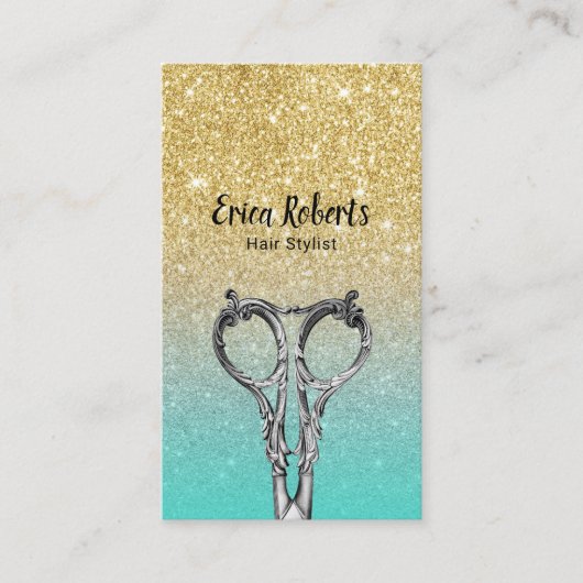 美容師トレンディー金ゴールドとターコイズグリッター 名刺 (正面)