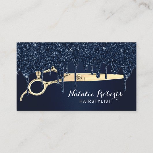 美容師ネイビーグリッタードリップス金ゴールドシザーサロン 名刺 (正面)