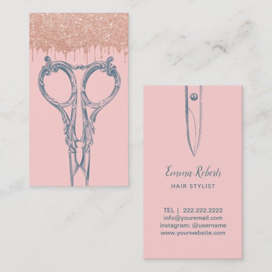 美容師ネイビーブルーシザー赤面ピンクモダン 名刺 (正面/裏面)