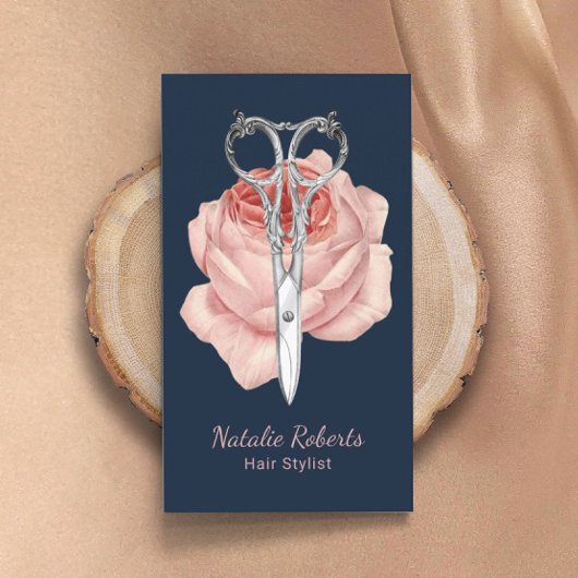 美容師ネイビーブルーシザー&バラ美しいサロン 名刺