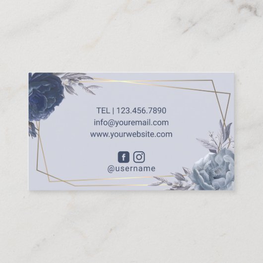 美容師ネイビーブルーフローラジオメトリック金ゴールドフレーム 名刺 (裏面)