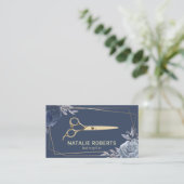 美容師ネイビーブルーフローラジオメトリック金ゴールドフレーム 名刺 (スタンド正面)