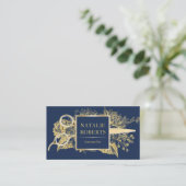 美容師ネイビー&金ゴールドフローラ美しいサロン 名刺 (スタンド正面)