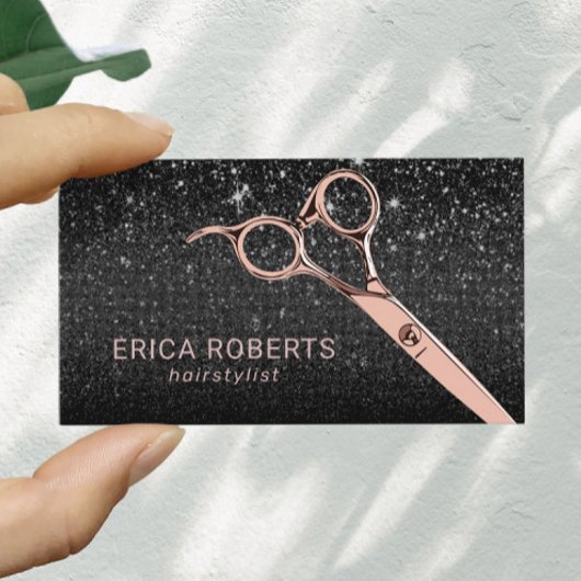 美容師バラ金ゴールドシザーブラックグリッターサロン 名刺
