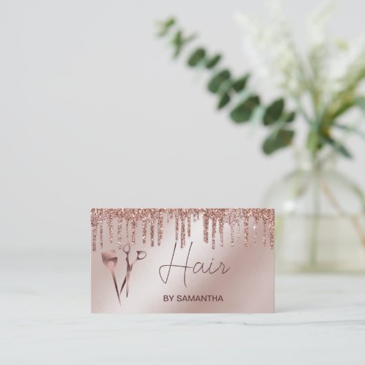 美容師バラ金ゴールドタイポグラフィ毛はさみ 名刺 (スタンド正面)