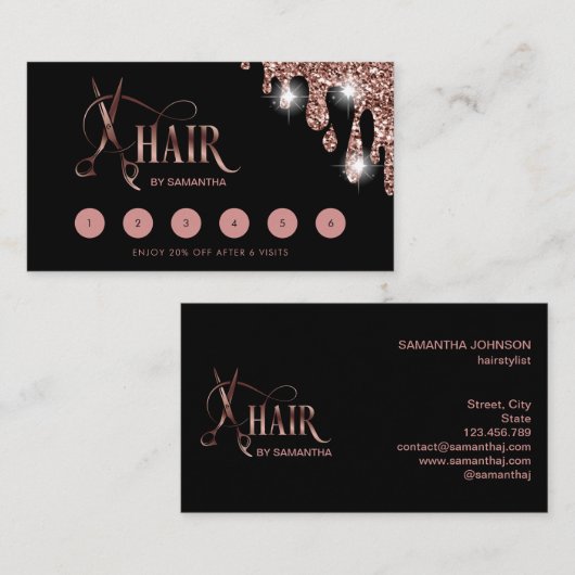 美容師バラ金ゴールドタイポグラフィ毛はさみ 名刺 (正面/裏面)