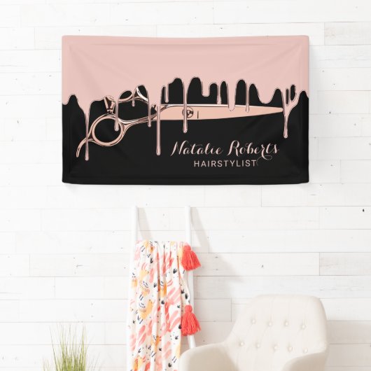 美容師バラ金ゴールドドリップスシザー美しいサロン 横断幕 (インサイチュ)