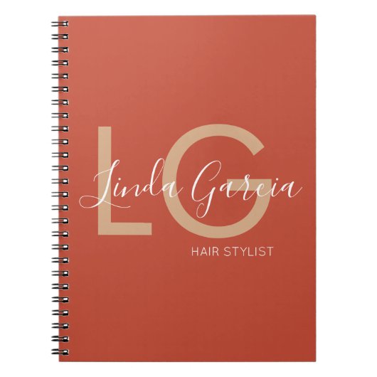 美容師バーントオレンジベージュモノグラムの ノートブック (正面)