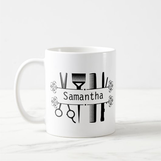 美容師パーソナライズされたはさみ美容師 コーヒーマグカップ (左)