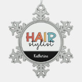 美容師パーソナライズされたレトロ美容師ギフト スノーフレークピューターオーナメント (正面)