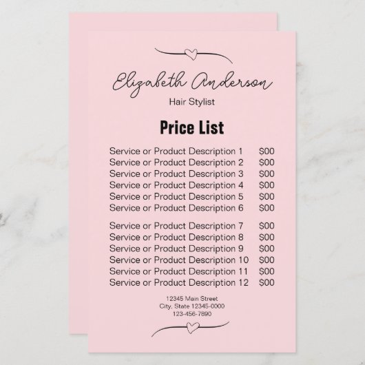 美容師ピンクとブラックネームのスクリプトの価格表 (正面/裏面)