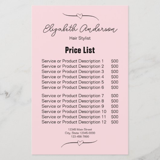 美容師ピンクとブラックネームのスクリプトの価格表 (正面)