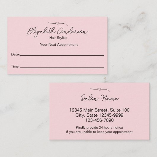 美容師ピンクと黒の名前のスクリプト 予約カード (正面/裏面)