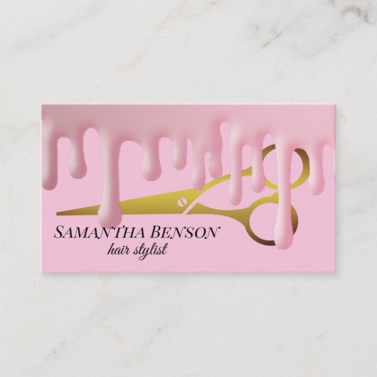 美容師ピンクドリッティングゴールデンシザーサロン 名刺 (正面)