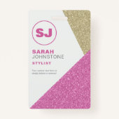 美容師ピンク&金ゴールドグリッターイニシャル バッジ (正面)