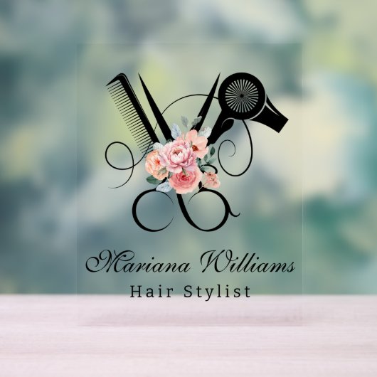 美容師フローラはさみモダン美しいサロン アクリルサイン (ニュートラル)