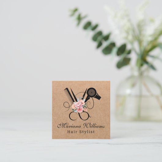 美容師フローラシザーカークラフトブラウン スクエア名刺 (スタンド正面)