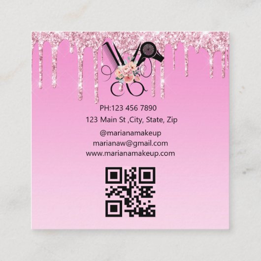 美容師フローラシザーコードqrピンクグリッター スクエア名刺 (裏面)
