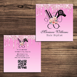 美容師フローラシザーコードqrピンクグリッター スクエア名刺