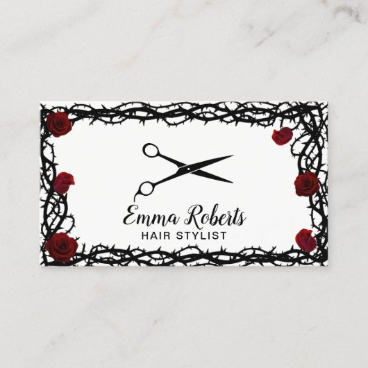 美容師ブラックシザーレッドローズ&トーンフレーム 名刺 (正面)