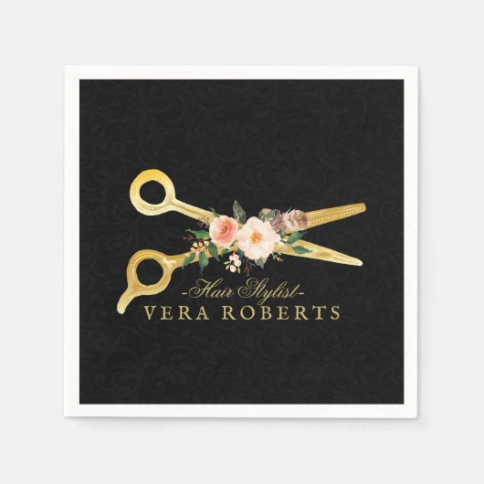 美容師ブラックダマスクラグジュアリー金ゴールド鋏 スタンダードカクテルナプキン (正面)