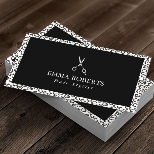 美容師ブラック&ホワイトレオパードモダンプリント 名刺