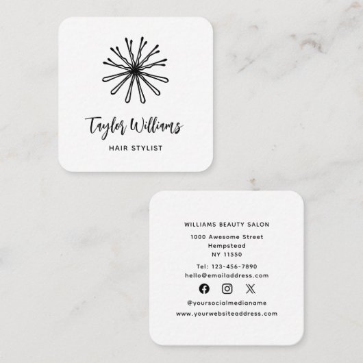 美容師ヘアスタイリスト美容師ボビーピン スクエア名刺 (正面/裏面)