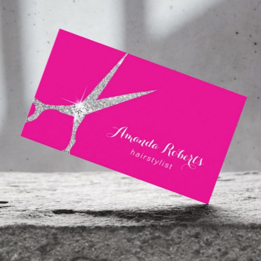 美容師ホットピンクシルバーグリッターシザーサロン 名刺