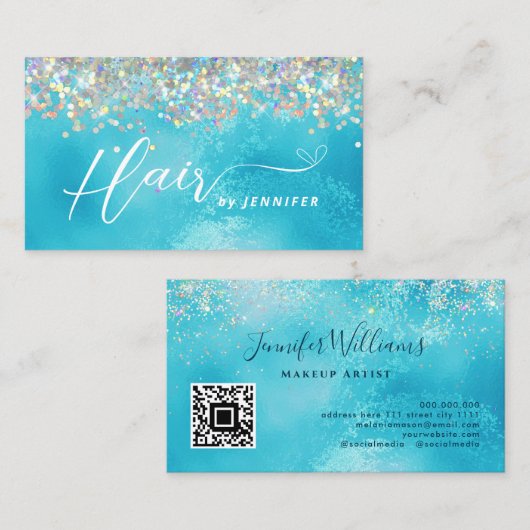 美容師ホログラフィックグリッターターコイズ美しい 名刺 (正面/裏面)