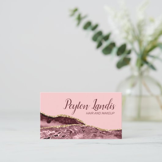 美容師マーブルブルガンディピンク金ゴールドグリッター 名刺 (スタンド正面)