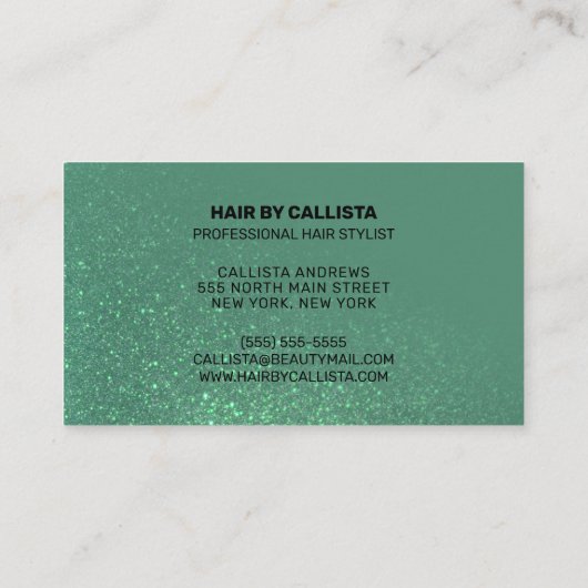 美容師マーメイドティール（緑がかった色）グリッタータイポグラフィ 名刺 (裏面)
