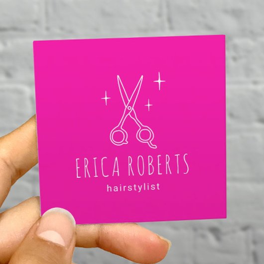 美容師ミニマリストシザーサロンホットピンク スクエア名刺