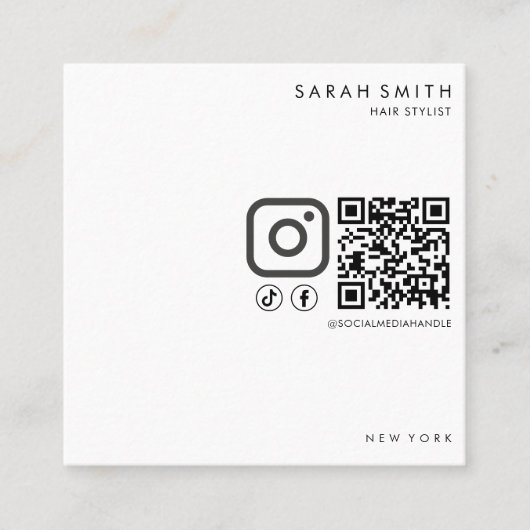 美容師ミニマル白黒QRコード スクエア名刺 (正面)