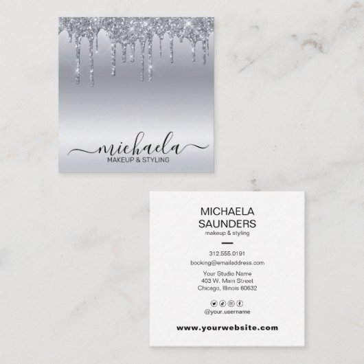 美容師メイクアップアーティストシルバーグリッタードリップ スクエア名刺 (正面/裏面)