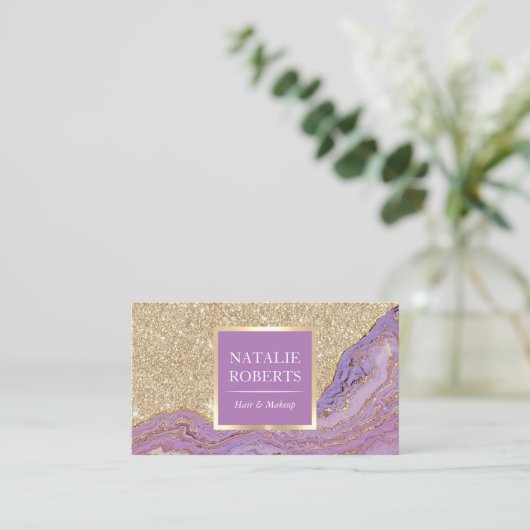 美容師メイクアップアーティストトレンディー金ゴールド&パープル 名刺 (スタンド正面)