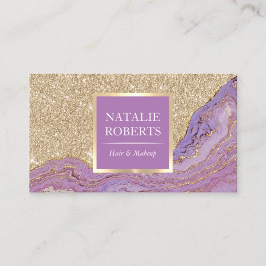 美容師メイクアップアーティストトレンディー金ゴールド&パープル 名刺 (正面)