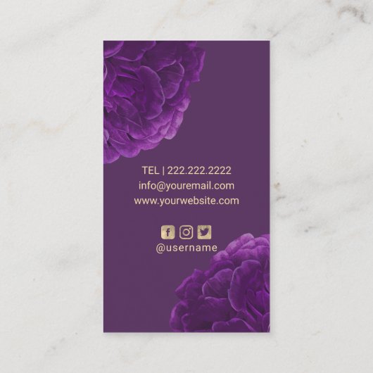 美容師メイクアップアーティストパープルフローラ金ゴールドロゴ 名刺 (裏面)