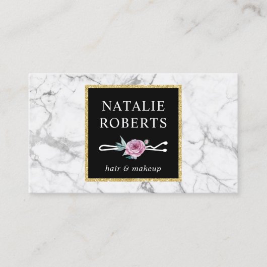 美容師メイクアップアーティストフラワーボビーピンマーブル 名刺 (正面)