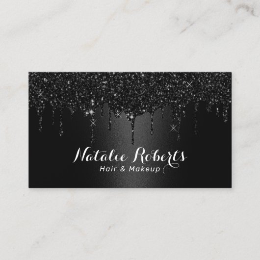 美容師メイクアップアーティストブラックグリッタードリップ 名刺 (正面)