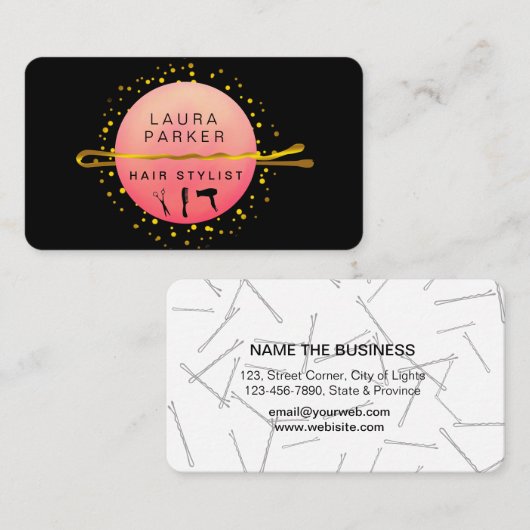 美容師メイクアップアーティストボビーピンサロンピンク 名刺 (正面/裏面)