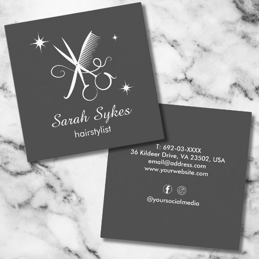 美容師モダンはさみ理容師ダークグレー スクエア名刺
