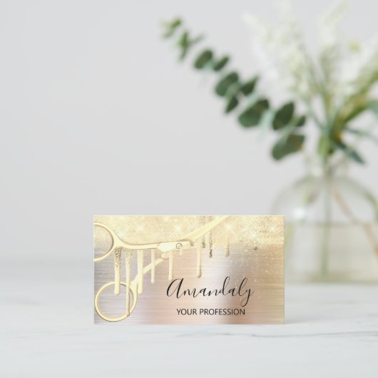 美容師モダンコイフールはさみバラ金ゴールド 名刺 (スタンド正面)