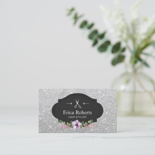 美容師モダンシルバーグリッターヘアスロン 名刺 (スタンド正面)