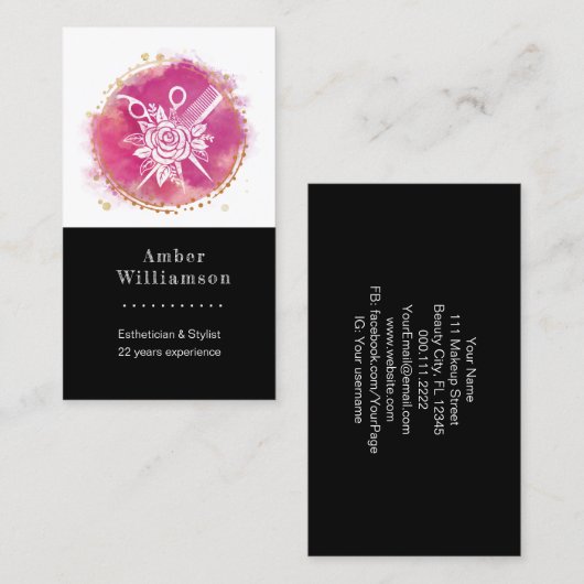 美容師モダンスタイリストシザーズコームピンクシック 名刺 (正面/裏面)