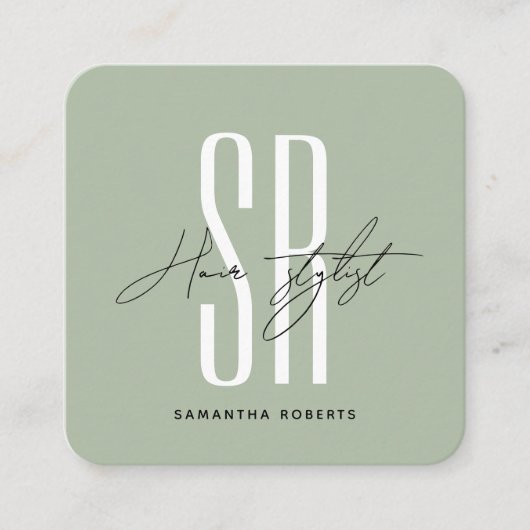 美容師モダンセージ緑モノグラムイニシャル スクエア名刺 (正面)