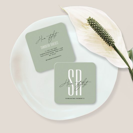 美容師モダンセージ緑モノグラムイニシャル スクエア名刺