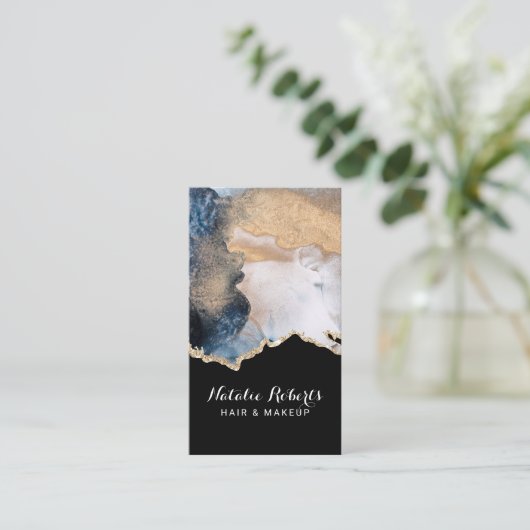 美容師モダンネイビー&金ゴールドウォーターカラーサロン 名刺 (スタンド正面)